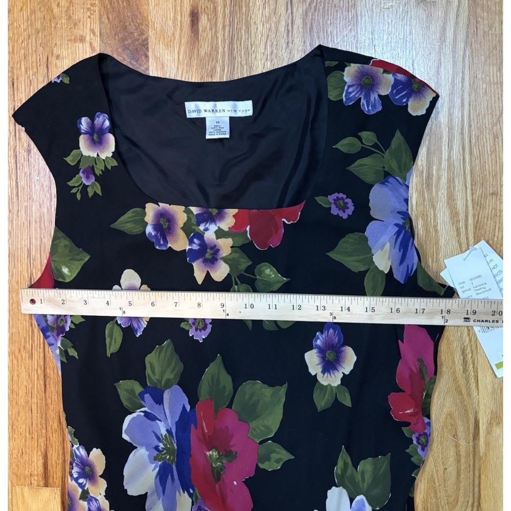 David Warren NY Black Floral Dress Sleeveless Long Multi Color Slip Lining 14 - Picture 4 of 8